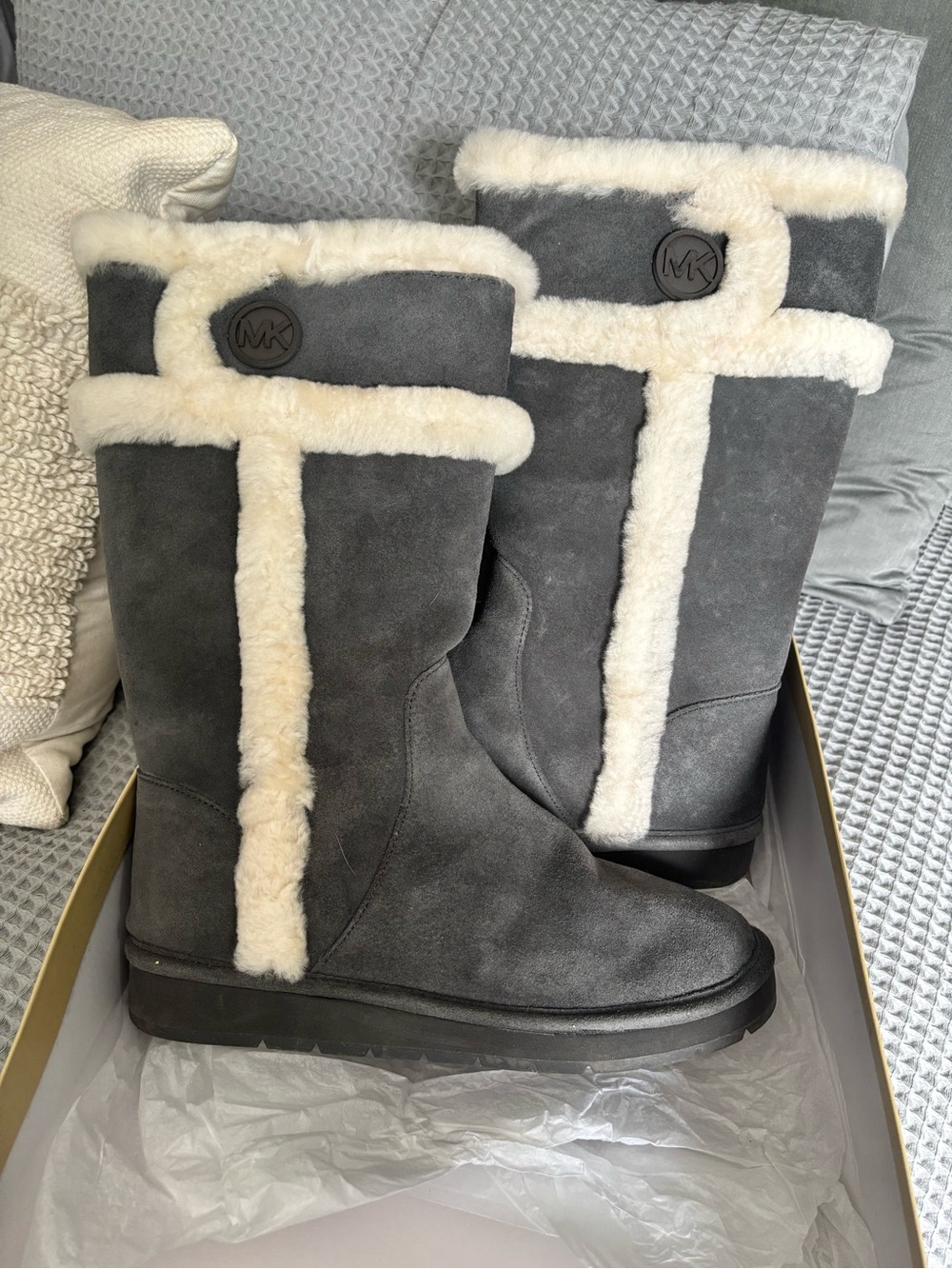 Michael Kors Gray Suede Winter Boots with Cream Shearling Trim